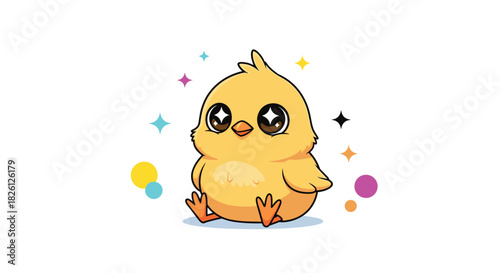 A very cute and fluffy little chick sitting down with sparkling stars and colorful circles around its head.
