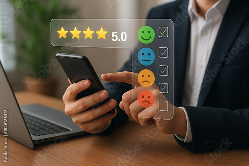 Customer satisfaction survey with smartphone showing digital checklist rating scale and feedback analysis for business improvement