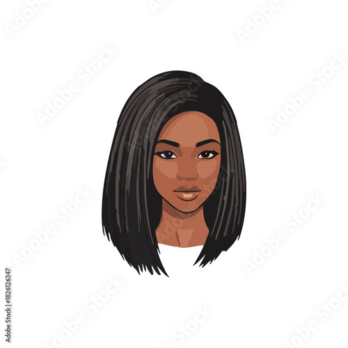 Portrait of a beautiful dark-skinned woman with shoulder-length black hair, looking directly at the viewer with a serene expression.