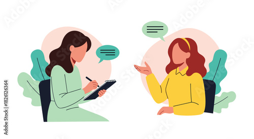 Illustrating a therapy session where one person speaks and the other listens attentively.