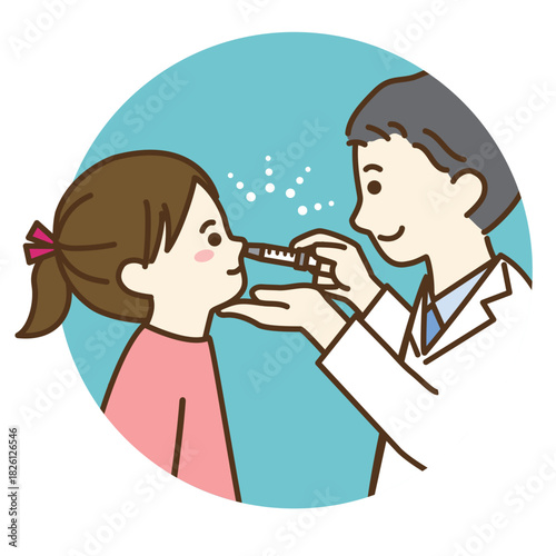 点鼻ワクチンを接種する子供と男性医師