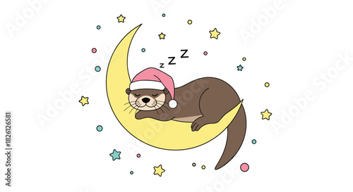 A cute otter wearing a santa hat sleeps peacefully on a crescent moon surrounded by stars.