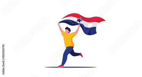 A person runs holding a waving national flag on a white background.
