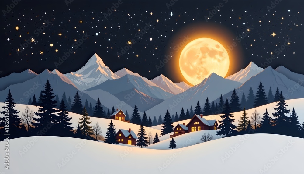 Fototapeta premium holiday village silhouette layered with paper texture, moonlight shining behind mountains.