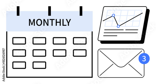 Monthly calendar alongside a data analytics chart and an envelope with unread messages. Ideal for productivity, scheduling, communication, reporting, project planning, organization, simple flat