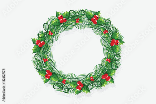 Christmas Wreath Vector Isolated White Background Holly Pine Decoration.