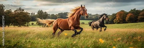 Two Majestic Horses Galloping Through a Lush Meadow Field Under a Clear Blue Sky in Nature