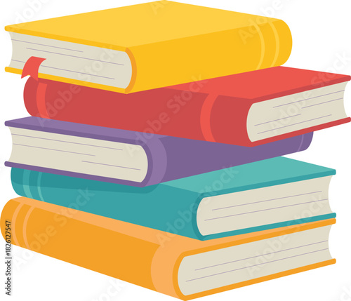 Colorful stacked books illustration, vibrant education concept artwork, learning and reading materials, academic study resources, isolated pile of hardcover textbooks