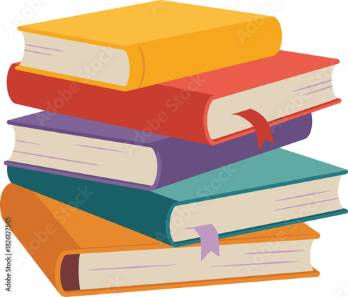 Colorful stacked books illustration, vibrant education concept artwork, learning and reading materials, academic study resources, isolated pile of hardcover textbooks