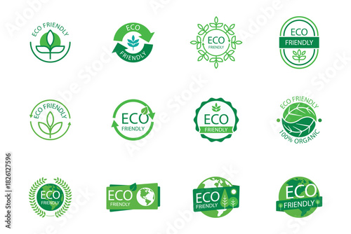 Green eco label icons representing sustainability, recycling, and environmentally friendly themes.