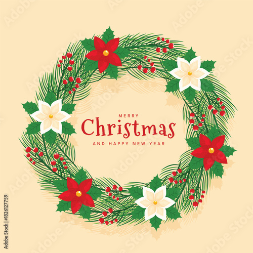 Merry Christmas Wreath Poinsettia Vector Light Beige Background Greeting Card.