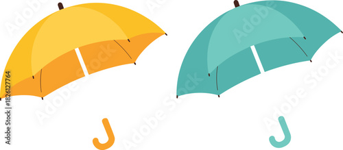 Colorful yellow and teal umbrella illustration, minimalist vector design, isolated on white background, rainy season accessory, waterproof shade concept, modern graphic