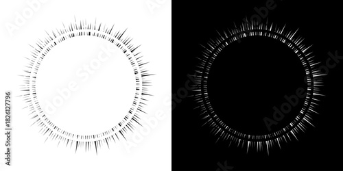 Dynamic abstract spiral sound wave rhythm lines. Circular spiral sound wave rhythm of lines. Circular futuristic abstract lines, black and white background.	