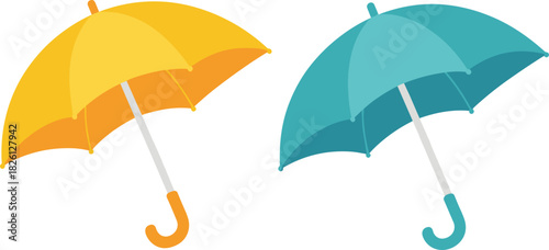 Colorful yellow and teal umbrella illustration, minimalist vector design, isolated on white background, rainy season accessory, waterproof shade concept, modern graphic
