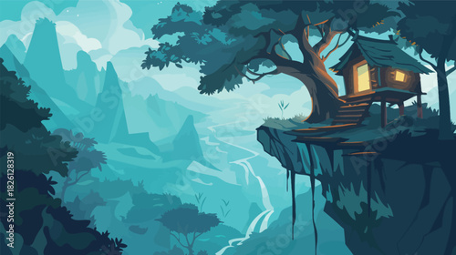 Cliffside treehouse overlooking a misty canyon scenic illustratio
