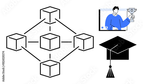 Blockchain network with connected nodes, online learning with a person holding a trophy, and a graduation cap icon. Ideal for education, blockchain, e-learning, innovation, success, achievement