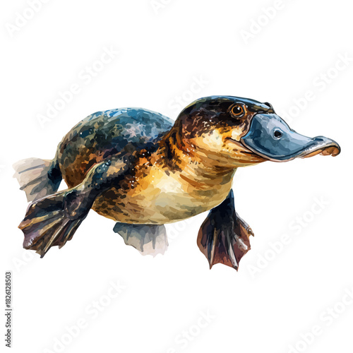 Watercolor vector illustration of Platypus, isolated on white background.