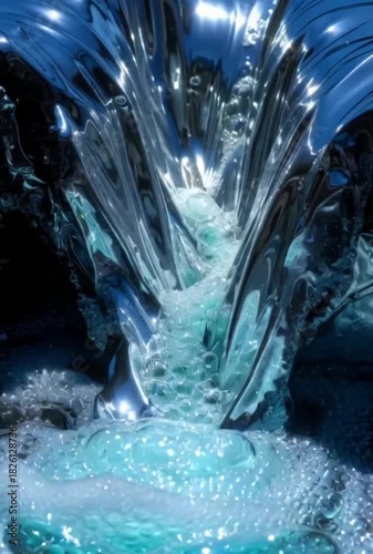 Flowing water with bubbles in a shiny reflective surface  