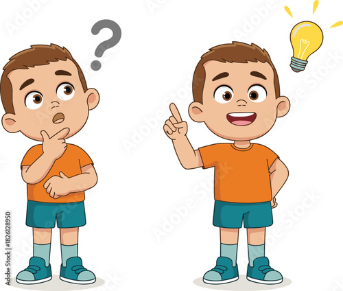 Curious thoughtful boy with question mark and happy child getting idea with bright light bulb, problem solving learning concept cartoon illustration