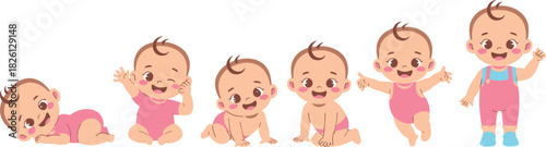 Cute baby growth stages cartoon illustration set, newborn to toddler, adorable infant development poses, happy baby activities, child milestones artwork