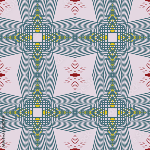A geometric repeating pattern with layered lines and subtle color accents. Suitable for textile prints, wallpaper, packaging, digital backgrounds, and modern graphic design projects.