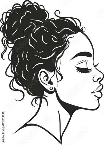 Elegant profile illustration of a woman with curly hair in a bun