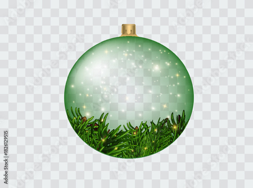 Christmas green ball on isolated background. Christmas ball with Christmas tree branches and glittering sequins. Holiday decor. Vector illustration. Eps 10