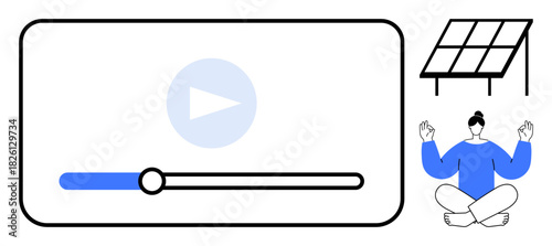Video player interface beside solar panel and meditating person in lotus pose. Ideal for technology, education, energy, sustainability, wellness, mindfulness, digital learning, simple flat metaphor