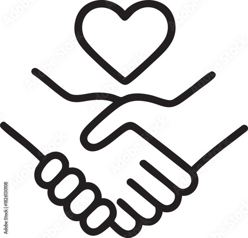 A line drawing depicts a handshake with a heart above it