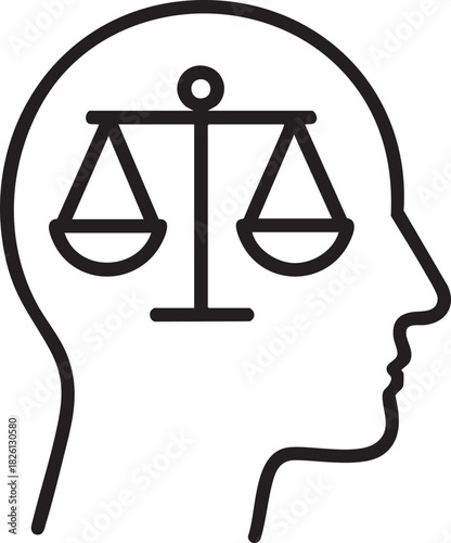 A human head silhouette containing a balanced scale illustration