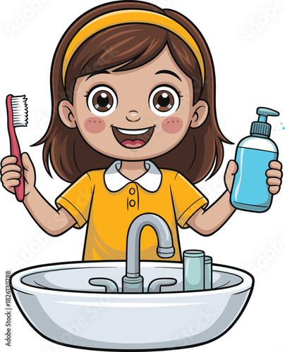 Cute cartoon girl brushing teeth and washing hands, hygiene routine illustration, healthy habits for children, bathroom sink cleaning activity artwork