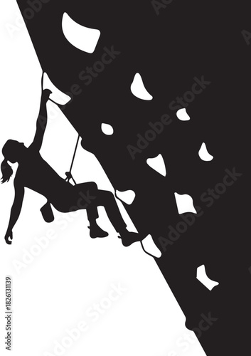 Dynamic silhouette of a woman rock climbing an overhanging wall indoors