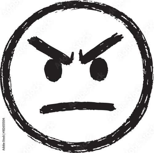 A hand drawn black and white sketch of an angry face or emoticon
