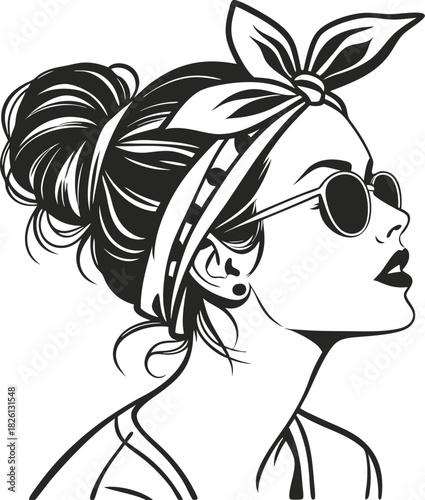 Stylish woman wearing sunglasses and bandana in profile