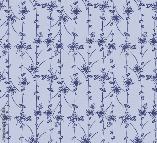 Japanese Pretty Flower Line Vector Seamless Pattern