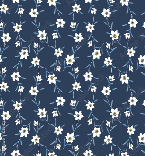 Japanese Star Flower Swirl Vine Vector Seamless Pattern