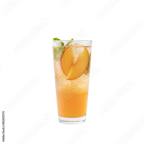 A glass of cold fresh peach soda juice with ice is a sweet, healthy citrus fruit drink isolated on white