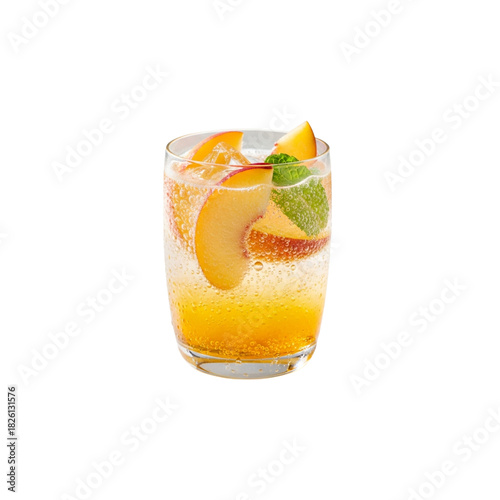 Fresh cold peach soda drink glass with ice and peach slice isolated on white