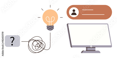 Tangled path leading to lightbulb, user icon with profile interface, and monitor. Ideal for creativity, innovation, brainstorming, problem-solving, digital workspace, learning simple flat metaphor