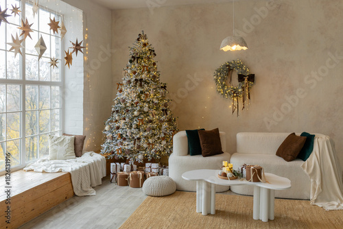 Cozy Christmas living room with decorated tree