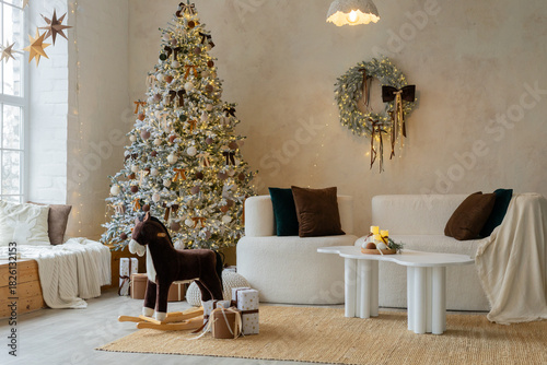 Cozy Christmas living room with decorated tree