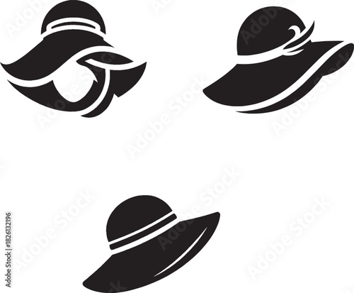 Black Silhouette Wide-Brimmed Hat Icons – Elegant Fashion Accessory Line Art Set