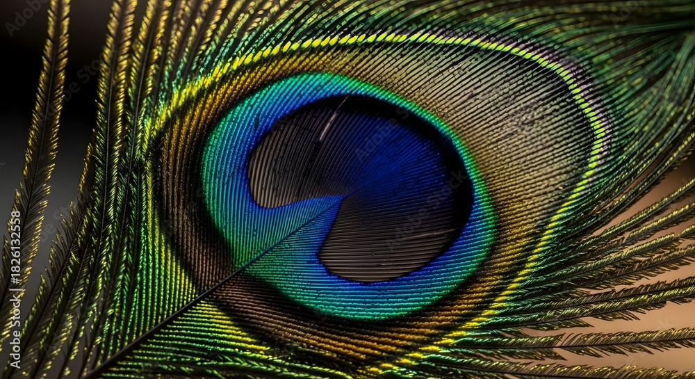 Obraz premium A close-up, detailed shot of a vibrant peacock feather showcasing its iridescent blue, green, and gold eye pattern.