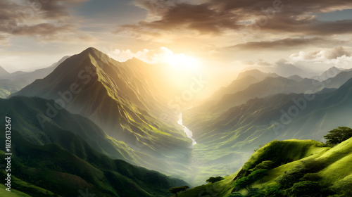 Majestic Mountain Sunrise: Panoramic vista of verdant mountain ranges, sun's golden rays. A breathtaking display of nature's beauty and power.
