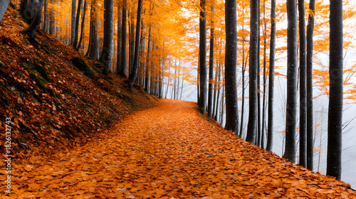 Golden Pathway Through Autumn's Embrace: An enchanting trail winds its way through a forest of tall, elegant trees adorned in fiery autumn hues.