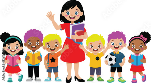 Cute diverse children standing with friendly female teacher, happy school kids group illustration, education learning teamwork classroom cartoon scene