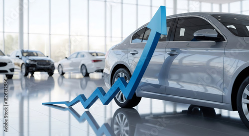 Blue arrow showing upward growth in car showroom. Business chart with rising trend for vehicle sale or automotive industry success. Financial graph.