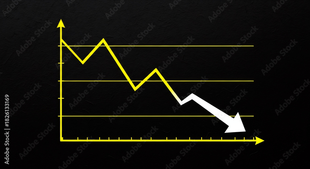 Obraz premium Yellow business trend line graph shows financial decline, revenue decrease with white arrow pointing downward, market fall concept.
