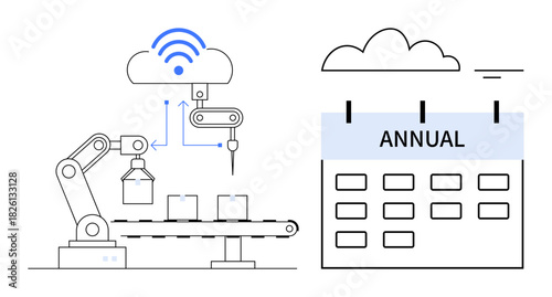 IoT concept. IoT-driven automation a robotic arm connected to the cloud for smart manufacturing. IoT streamlines processes, enhances productivity, and supports annual planning. For industry