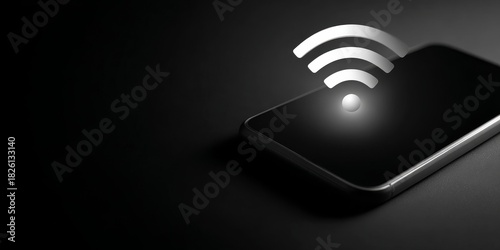 Smartphone emitting glowing wifi signal on dark background. Wireless internet connection and network connectivity concept for technology banner.